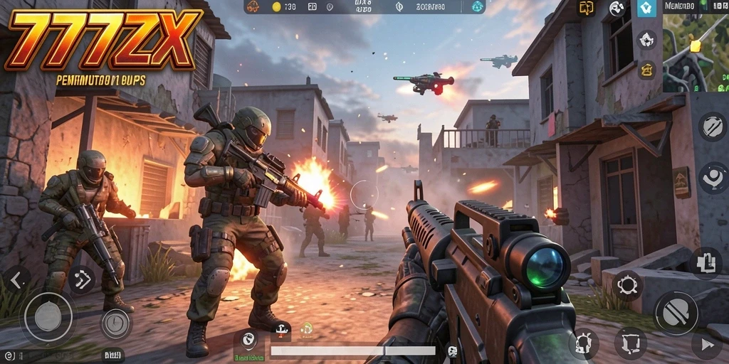Gameplay 777ZX menunjukkan aksi tembak-menembak intens.