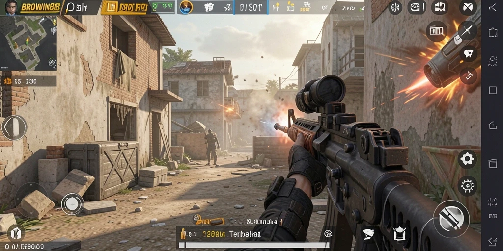 Screenshot gameplay BROWIN88 menunjukkan aksi seru dalam pertempuran FPS.
