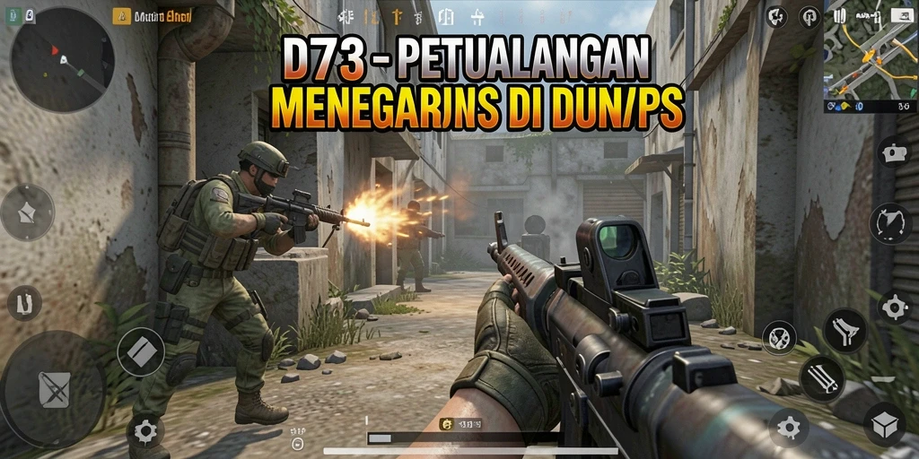Screenshot gameplay D73 menunjukkan aksi tembak-menembak yang mendebarkan.