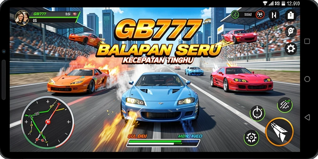 Tangkapan layar gameplay GB777 yang menampilkan mobil balap di lintasan.