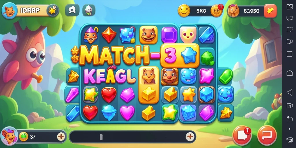 Screenshot menampilkan gameplay Match-3 yang seru dan berwarna.