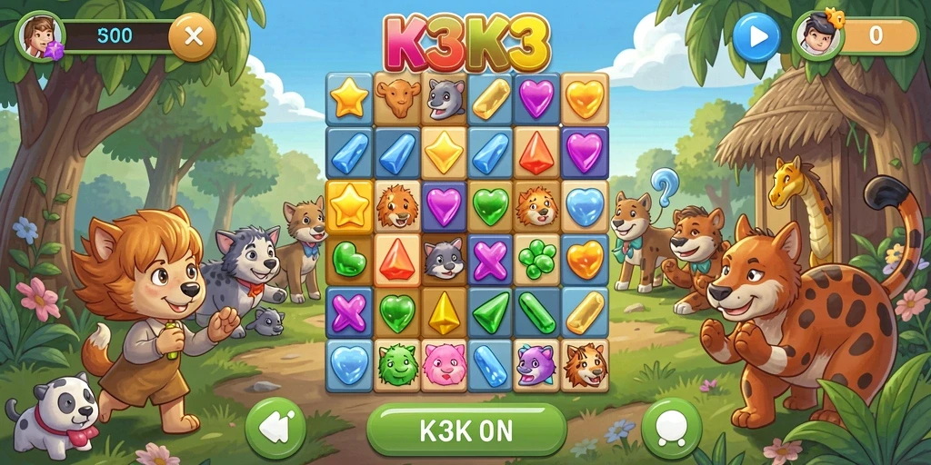 Screenshot K3K3 menampilkan kombinasi permata berwarna-warni yang menarik.