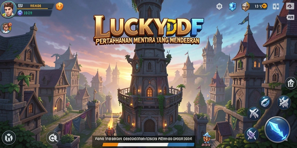 Tampilan utama LUCKYDF dengan menara dan musuh yang mendebarkan.