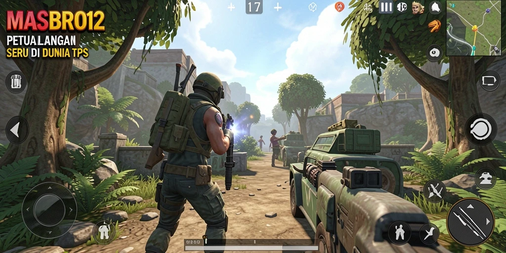 Tampilan screenshot utama MASBRO12 menampilkan aksi seru dari gameplay TPS.
