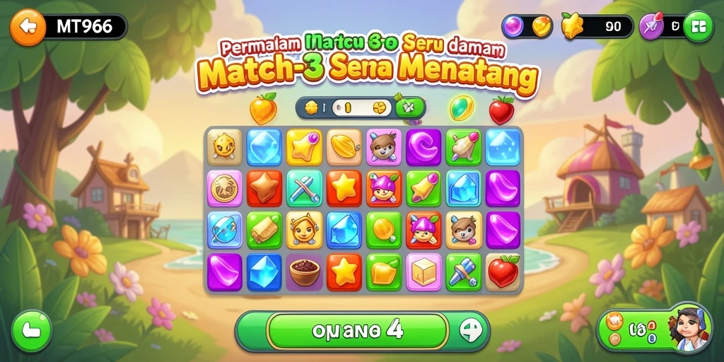 Tampilan gameplay MT966 yang penuh warna dan menantang di dunia Match-3.