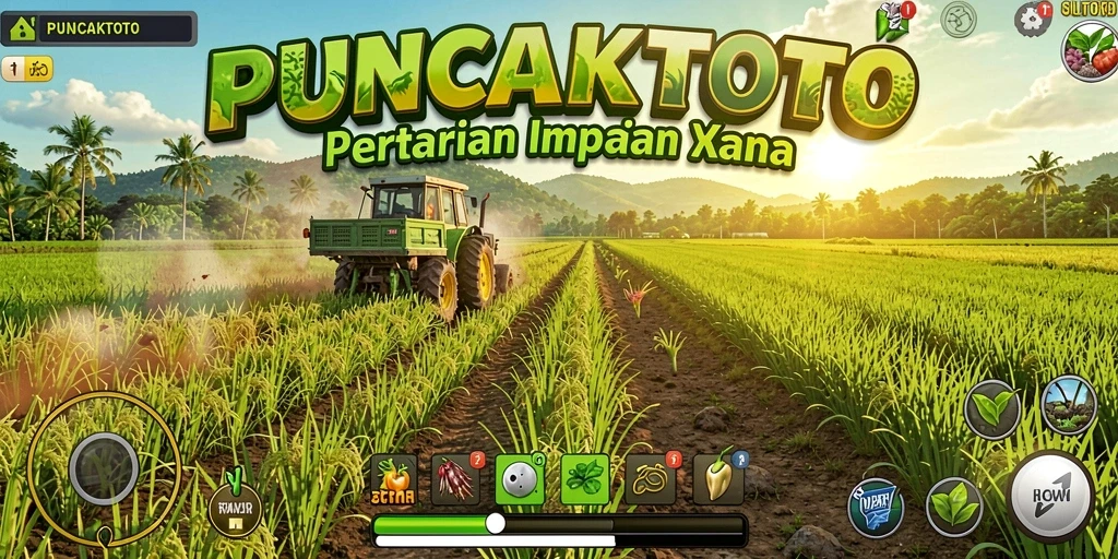 Screenshot gameplay PUNCAKTOTO menunjukkan ladang hijau yang subur dengan berbagai tanaman.