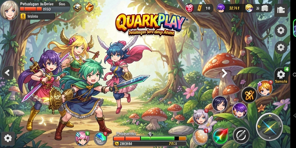 Tampilan dinamis dari gameplay QUARKPLAY yang penuh warna dan karakter anime.