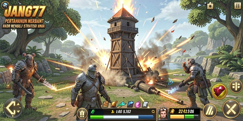 Screenshot utama menunjukkan aksi mendebarkan dalam game Tower Defense.