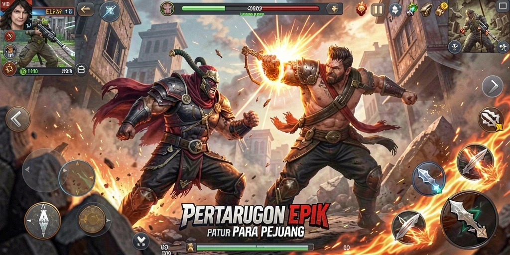 Tampilan pertarungan epik dalam game V21 dengan karakter dan efek visual yang menawan.