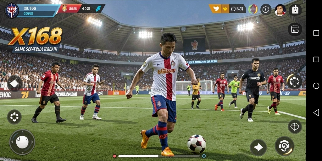 Screenshot gameplay X168 yang mendebarkan dalam pertandingan sepak bola.